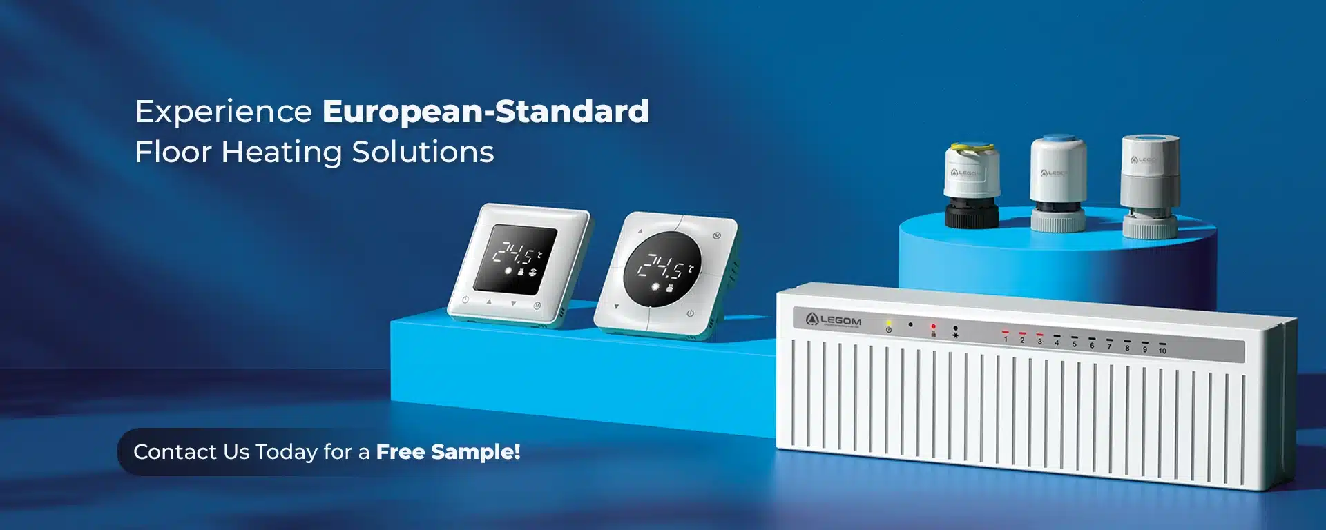 European-standard floor heating solutions by Legom, showing room thermostats, thermal actuators, and a multi-zone base station