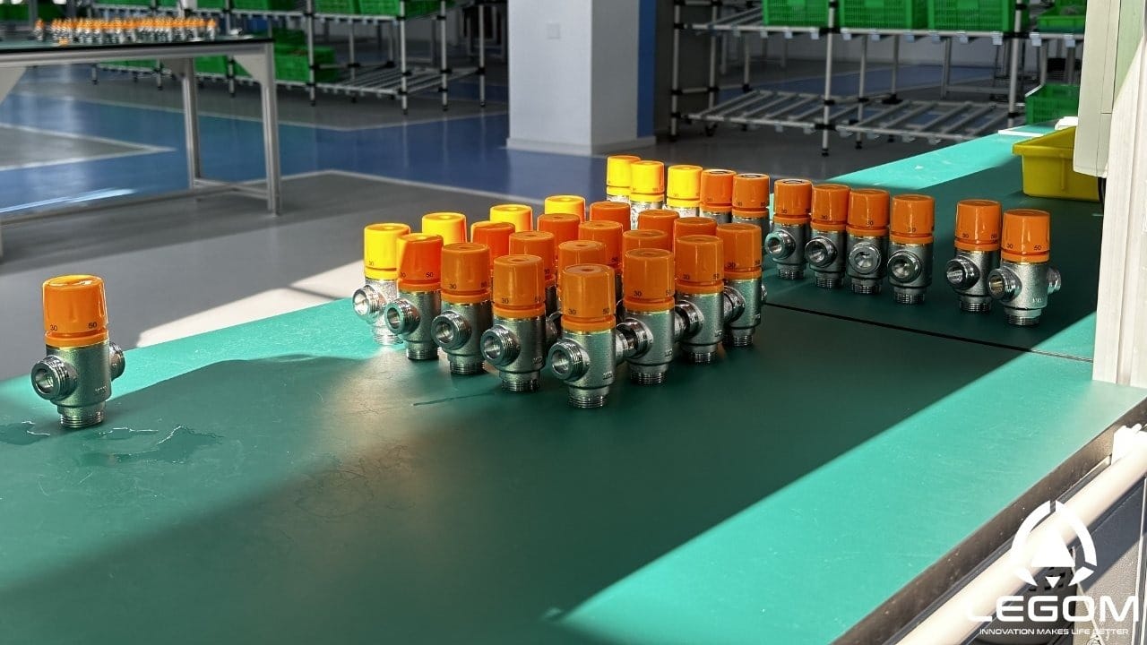 Finished HVAC valve units on the assembly line — Legom Jiaxing factory